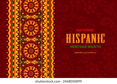 Anuncio del festival del mes de la herencia hispana nacional con el modelo étnico del ornamento, fondo del Vector. Fiesta de la tradición y la cultura hispanoamericana en Latina América, herencia de artesanía y arte popular