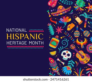 National hispanic heritage month festival banner with vector border of tropical flowers, guitar and maracas, sombrero, tequila, skull and cactus. Mexican and hispanic culture carnival invitation flyer