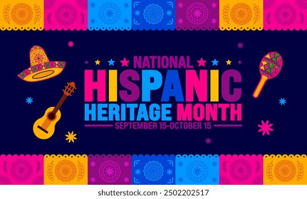 National Hispanic Heritage Month festival Papel Picado background or banner template. use to banner, card, poster, placard, design template with unique shapes with standard color.