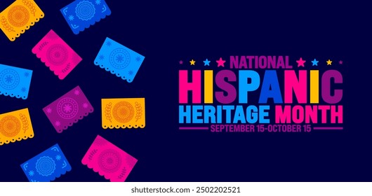 National Hispanic Heritage Month festival Papel Picado background or banner template. use to banner, card, poster, placard, design template with unique shapes with standard color.