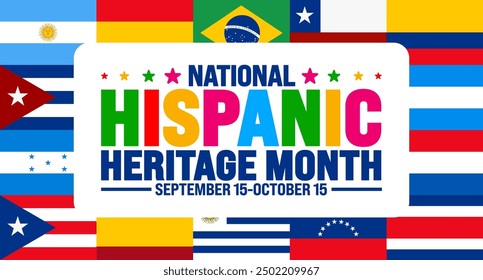 National Hispanic Heritage Month festival world flag background or banner template. use to banner, card, poster, placard, design template with unique shapes.