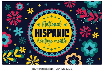 National Hispanic Heritage Month festival with tropical floral patterns. Historical and cultural background of the American people. Hispanic Heritage Month concept. Flat vector illustration.