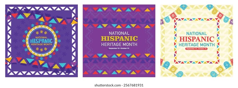 National Hispanic Heritage Month Festival. Celebrated from September 15 to October 15. Greeting card with colorful flag decoration. Hispanic Heritage Month concept. Set flat vector illustration.