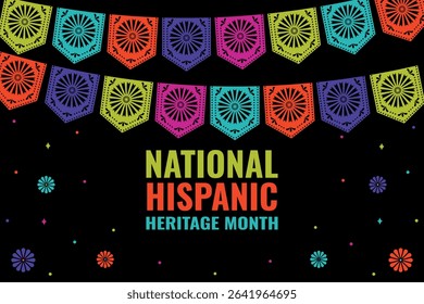 National Hispanic Heritage Month - festive horizontal banner. Vector template of Mexican design with festive colorful garlands, flowers, confetti and text.