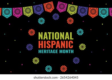 Mês Nacional da Herança Hispânica - banner festivo horizontal. Modelo vetorial de design mexicano com guirlandas coloridas festivas, flores, confetes e texto.	