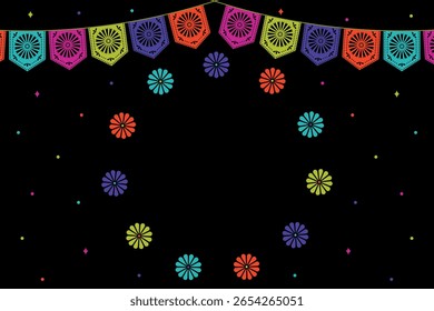 
Mês Nacional da Herança Hispânica - Banner Horizontal Festivo. Modelo de design mexicano vetor com guirlandas coloridas festivas, flores, confetes e espaço para texto.