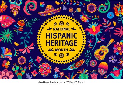 National hispanic heritage month flyer with papel picado banner. Vector background of spanish american floral pattern with cartoon flowers, mexican sombrero hat and latino guitar, cactus and palms