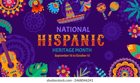 National hispanic heritage month flyer with sombrero, guitar and tropical flowers, maracas and leaves vector frame. Mexican and spanish culture holiday flyer with ethnic floral pattern background