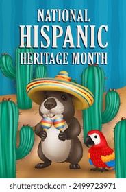 National Hispanic heritage month greeting card with 3d  cartoon Scarlet Macaw parrot and cute fluffy capybara wearing a sombrero and holding maracas among cacti in a desert against blue background