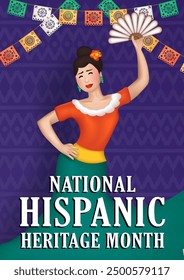 National Hispanic Heritage Month greeting card, featuring joyful female dancer in traditional dress performing Latin dance. Latina Woman and festive papel picado streamers on purple background