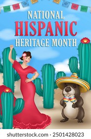 Grußkarte des National Hispanic Heritage Month mit einer Frau, die in traditioneller Kleidung tanzt, einer Capybara in Sombrero mit Maracas, festlichem Papel Picado und Kakteen in einer Wüstenszene unter blauem Himmel