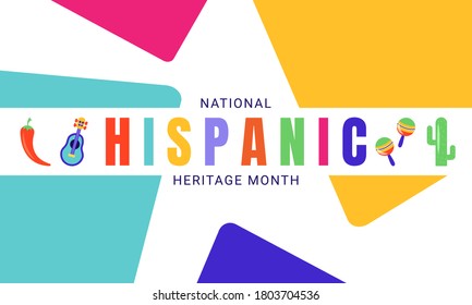 National Hispanic Heritage Month horizontal banner template decorated with the attributes of Latin American culture like chilli, cactus, guitar, maracas.