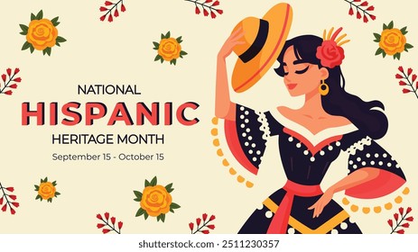 National Hispanic Heritage Month illustration with dancing woman and flowers