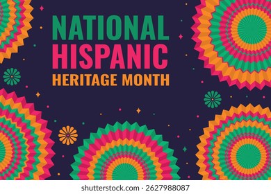  National Hispanic Heritage Month. Illustration with festive paper round fans, flowers, confetti and text. Vector bright web banner, poster, postcard.