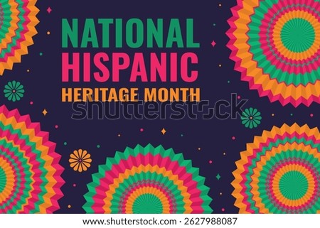  National Hispanic Heritage Month. Illustration with festive paper round fans, flowers, confetti and text. Vector bright web banner, poster, postcard.