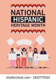 national hispanic heritage month with latin men and women with banners design, culture and diversity theme Vector illustration