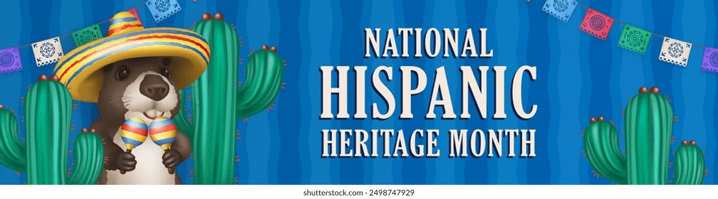 National Hispanic heritage month panoramic banner with 3d  cartoon cute fluffy capybara wearing a vivid sombrero and holding maracas in his paws among cacti in a desert against blue ethnic background