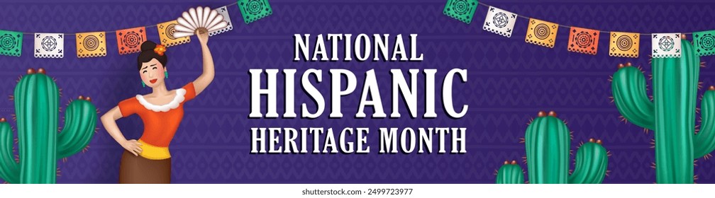 National Hispanic Heritage Month panoramic banner with happy female dancer in traditional dress performing Latin dance among cacti. Latina Woman and festive papel picado streamers on purple background