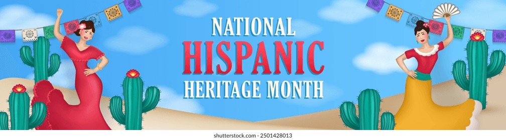 National Hispanic Heritage Month panoramic banner or header with Latin women dancing in traditional attire among cacti in a desert scene with festive papel picado overhead  against a blue sky