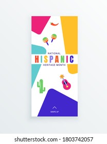 National Hispanic Heritage Month social media story template decorated with attributes of Latin American culture like chilli, cactus, guitar, maracas.