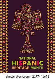 National Hispanic Heritage Month vector for card, banner, poster and background. Aztecs, Incas. Latino American poncho ornament . Parrot, cockatoo, toucan illustration embroidery. 