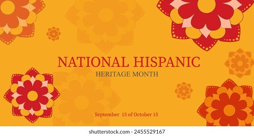 In: National Hispanic Heritage Month. Vektorillustration. Grußkarte, Banner, Flyer und Hintergrund in kräftigen Farben auf gelbem Hintergrund.