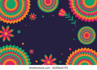 National Hispanic Heritage Month - vector background with round paper fans, flowers and confetti. Vector horizontal banner with copy space.