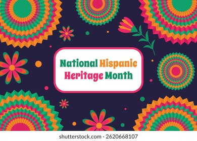 National Hispanic Heritage Month - vector background with round paper fans, flowers and confetti. Vector horizontal banner with text.