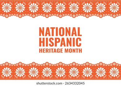 National Hispanic Heritage Month. Vector banner with colorful lacy floral ornament in orange on white background and text.