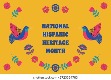 National Hispanic Heritage Month. Vector banner with birds, flowers, and text on a yellow background.