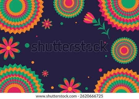National Hispanic Heritage Month - vector background with round paper fans, flowers and confetti. Vector horizontal banner with copy space.