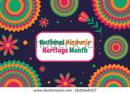 National Hispanic Heritage Month - vector background with round paper fans, flowers and confetti. Vector horizontal banner with text.