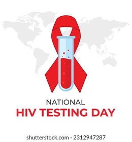 National HIV Testing Day. Red hiv aids awareness ribbon and test tube with blood vector illustration