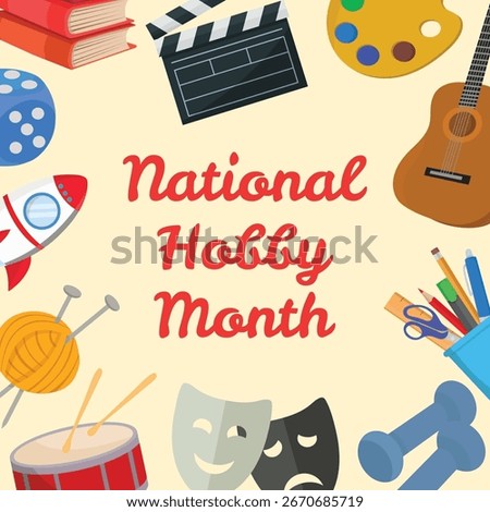 National Hobby Month with activity elements including music sport theatre painting and gaming in festive illustration style