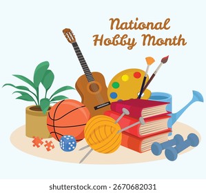 Composição Mês Hobby Nacional com elementos de atividade, incluindo livros de guitarra paleta de cores de bola e tricô em estilo criativo