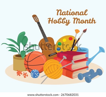 National Hobby Month composition with activity elements including guitar books ball color palette and knitting in creative style