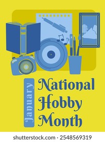 Mês Nacional do Hobby, design para cartaz vertical ou cartão postal sobre hobbies em arte, literatura ou ilustração vetorial de música