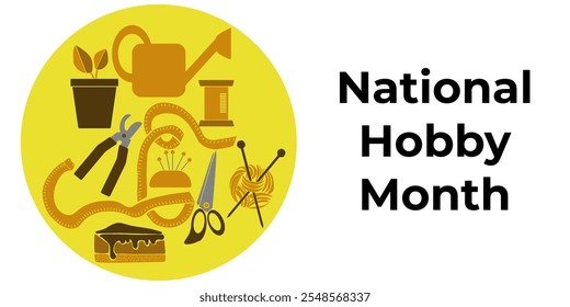 Mês Nacional do Hobby, ideia para banner horizontal ou folheto sobre hobbies em artesanato, cozinha e jardinagem ilustração vetorial