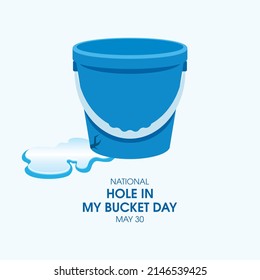 National Hole In My Bucket Day vector. Cracked blue plastic bucket icon vector. Puddles of water and broken bucket vector. May 30. Important day