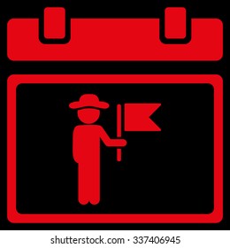 National Holiday Date vector icon. Style is flat symbol, red color, rounded angles, black background.