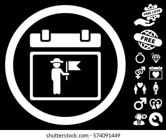 National Holiday Day pictograph with bonus lovely design elements. Vector illustration style is flat rounded iconic white symbols on black background.