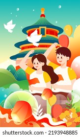 National holiday, a family goes out for a holiday, with buildings and landscapes in the background, vector illustration