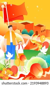 National holiday, a family goes out for a holiday, with buildings and landscapes in the background, vector illustration
