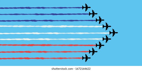 National holiday festival on the 14th of July, aircraft show the France flag. French republic Vector sign symbol. The Fête de la Fédération, Festival of the Federation of the French Revolution, Paris 