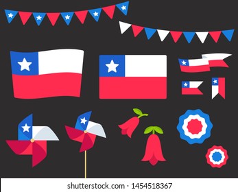 National Holiday Fiestas Patrias (Dieciocho), Independence Day of Chile, vector design elements set. Chilean flags, ribbons, pinwheels, rosettes, national flower Copihue.