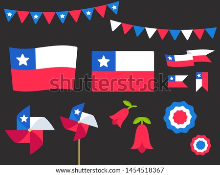 National Holiday Fiestas Patrias (Dieciocho), Independence Day of Chile, vector design elements set. Chilean flags, ribbons, pinwheels, rosettes, national flower Copihue.