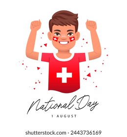 National holiday in honor of the founding of Switzerland. Smiling happy boy with Swiss flags painted on his cheeks. Confederation Day in Switzerland. August 1. Vector illustration