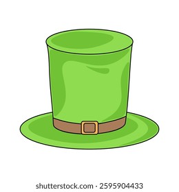 National holiday is St. Patrick's Day. Cartoon green hat with  brown badge, symbol of Irish holiday. Folklore, religion, traditions. Fun, happiness, celebration. One icon isolated on white background.