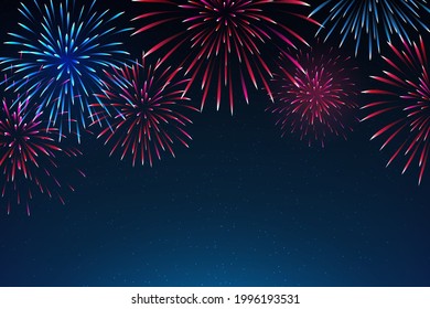 National holiday of the usa. Starry sky background with fireworks in colors of american flag. 4th july us independence day. Happy united states greeting card. Vector illustration, poster