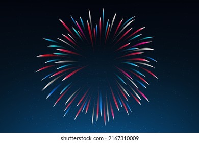 Fiesta nacional de los estados unidos. Fondo del cielo estrellado, fuegos artificiales en los colores de la bandera estadounidense. 4.º día de la independencia de los estados unidos. Feliz tarjeta de felicitación de los estados unidos. Colocar el texto. Ilustración vectorial, afiche